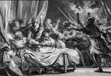 Slutet av den karolingiska dynastin, 988: arrestering av Karl (953-991), hertig av Nedre Lorraine, av Hugues Capet (941-996) och hans armé. Gravyr av Jean Michel Moreau, dit Moreau le Jeune (1741-1814)