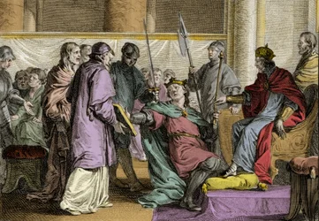 Erispoe (död 857), kung av Bretagne (Herispogius - Hervspogius - Respogius) fick rikets utsmyckningar från Karl II den skalliges händer (823-877), 851. Gravyr av Jean Michel Moreau, dit Moreau le Jeune (1741) - 1814)