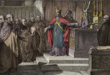 Hugues Capet (941-996) återupprättade de kanoniska valen: frankernas kung tillät munkarna att välja sina abbedor genom att placera ett kors och en mitra på ett altare. Gravyr av Jean Michel Moreau, dit Moreau le Jeune (1741-1814)