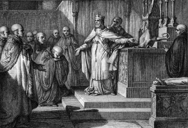 Hugues Capet (941-996) återupprättade de kanoniska valen: frankernas kung tillät munkarna att välja sina abbedor genom att placera ett kors och en mitra på ett altare. Gravyr av Jean Michel Moreau, dit Moreau le Jeune (1741-1814)