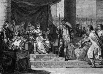 Fantasifull representation av merovingernas "lata kungar": Clovis III (682-695), Childebert III (683-711) och Dagobert III (cirka 697-715) sover och sitter bakom borgmästaren i Pepin le Jeune eller Herstal Palace (cirka 653-714). Gravyr av Je