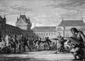 Inrättning av sidor: inrättande av utbildning i sidmetiers fysiska och hemliga uppgifter. Karolingisk tid, Karl den Stores regne, 800-900-talet. Gravyr av Jean Michel Moreau, dit Moreau le Jeune (1741-1814)