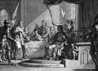 Interregne de Charles Martel, 737: Charles Martel, borgmästare i slottet, interregne efter Thierry IV:s död (713-737). Gravyr av Jean Michel Moreau, kallad Moreau den yngre (1741-1814)