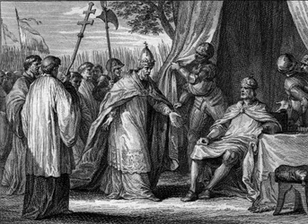 Intervju mellan påven Gregoire IV (död 844) och Ludvig I den fromme eller Debonnaire (778-840), 833, för att lösa tvisten mellan kungen och hans söner, Lothaire, Pepin och Ludvig. Gravyr av Jean Michel Moreau, dit Moreau le Jeune (1741-18