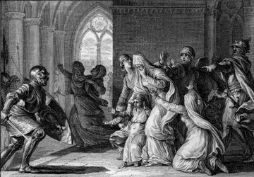 Louis 1st the Fromme (Debonnaire) jagar ut sina systrar och syskonbarn från palatset, 814. De anklagas för att ha planerat mot honom. Gravyr av Jean Michel Moreau, dit Moreau le Jeune (1741-1814)