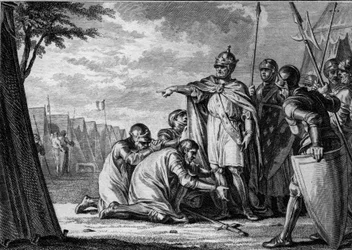 Ludvig I den fromme eller Debonnaire (778-840) förlåter sin son Lothaire (795-855) som böjer sig på fötter. 834. Gravyr av Jean Michel Moreau, dit Moreau le Jeune (1741-1814)