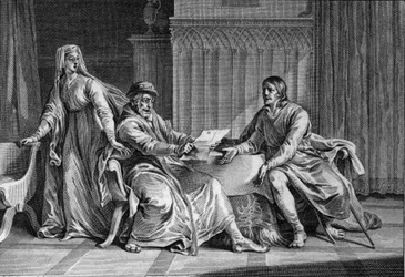 Ludvig den fete (1081-1137) visar sin far, Filip I (1052-1108), brevet där han påstås ha bett Englands kung att mörda Ludvig. Bertrade de Montfort (ca 1070-1118), Filips hustru och brevets förmodade författare, är också närvarande. 1