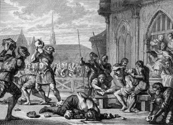 Martyr av Saint Leger och greve Guarin, 675: eveque Saint Leger (616-675), till höger, har skuren tunga och läppar. Hans bror, greve Guarin (till vänster) blir stenad. Gravyr av Jean Michel Moreau, dit Moreau le Jeune (1741-1814)