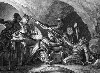 Föreningen av hertigdömet Akvitanien med kronan: mordet på Waifre (eller Gaifier), hertig av Akvitanien (767 eller 768). Gravyr av Romanet efter Moreau le jeune (1779).