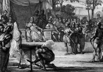 Ordalies eller "Guds domar", 831: anklagad för förräderi mot Ludvig I den fromme eller Debonnaire (778-840), Judith Welf (805-843), hans fru och Bernard av Septimania (cirka 800-844), rikets kammarherre, försök att bevisa sin oskuld innan en
