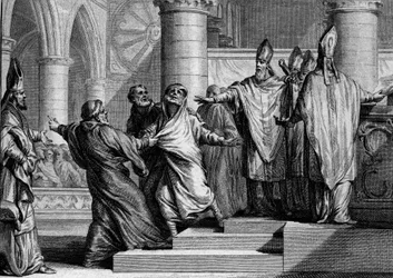 Ånger och avsättning av Ludvig I den fromme eller Debonnaire (778-840), 833: efter att ha bekännt blir kungen fråntagen kejserliga prydnadsföremål av arkeveken i Reims och täcks sedan med en påse med botgöring. Gravyr av Jean Michel Moreau, dit Moreau le J