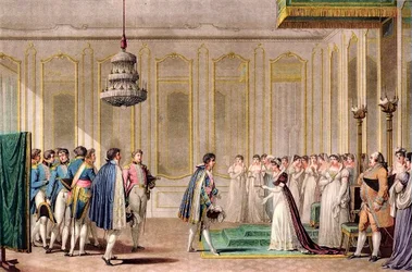 Fullmaktsförslag till äktenskap från Napoleon presenterat för kejsarinnan av Österrike av prins av Neufchatel (Louis-Alexandre Berthier) - gravyr efter Jean-Michel Moreau le jeune - I ett rum i hans lägenhet, Imperatrice Marie Louise av Österrike (Marie-Lo