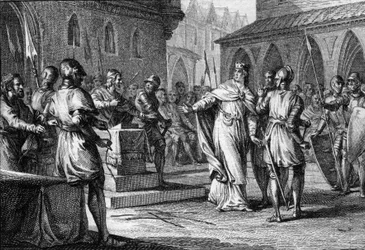 Reser sig mot Karl III den Enkle av herrarna ledda av Robert (865-923) som blev kung av Frankrike 922 som Robert I, Soissons 920 (gravyr)