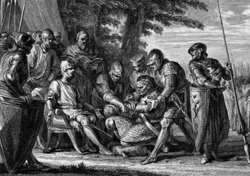 Rollo (ca 860-933), vikingahövding, vägrar kyssa kung Karl III den enfaldiges (879-929) fot, 912. Gravyr av Jean Michel Moreau, kallad Moreau le Jeune (1741-1814)