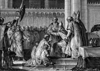 Pippin den lilles (714-768) smörjelse, basilikan Saint-Denis, 28 juli 754: Påve Stefan II vigde honom till frankernas kung och romarnas patricier (Patricius Romanorum). Vid hans sida står hans två söner, Karloman och Karl (den blivande Karl den store).