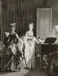 Saint Preux och Claire vid cembalo i "" Julie ou la nouvelle Heloise"" av den schweiziska filosofen Jean Jacques (Jean-Jacques) Rousseau (1712-1778) - gravyr av Moreau le jeune, Jean Michel (1741-1814) (Saint -Preux, slår sig ner vid cembalo, puss