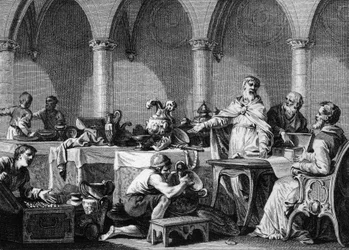Delning av Dagobert I:s (602/605-638), frankernas kungs, skatter efter hans död, under kontroll av de två hovmästarna Pippin av Landen och Aega. Gravyr av Jean Michel Moreau, kallad Moreau den yngre (1741-1814)