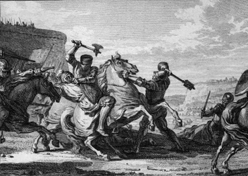 Belägringen av Paris av Otto II:s armé, 978: en tysk riddare, kejsarens brorson, mördas när han försöker ta sig in i Paris. Gravyr av Jean Michel Moreau, kallad Moreau den yngre (1741-1814)