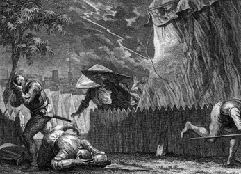 Siege of Poitiers, 954: under en storm förstörde ett ljus Hugues den stores tält (897-956). Gravyr av Jean Michel Moreau, dit Moreau le Jeune (1741-1814)