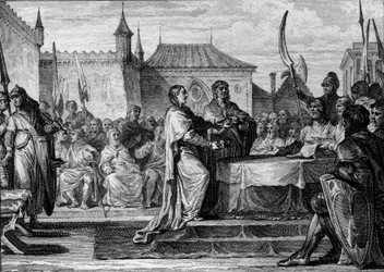 Succession av Pepin the Brief, 768: en församling beslutade att dela riket mellan hans två söner, Karl den Store (747-814) och Carloman (ca. 751-771), och därmed bryta ner de arrangemang som Pepin the Brief gjorde. Gravyr av Jean Michel Moreau, dit Moreau 