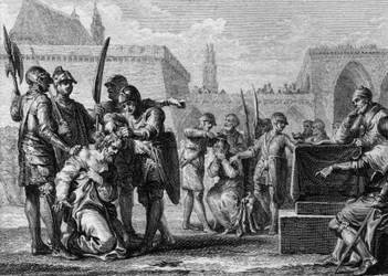 Thierry III (651-691), kung av frankerna, och Ebroin (död 681), borgmästare i Neustria-palatset, klipptes av befolkningen, fientliga mot de två männen. 669. Gravyr av Jean Michel Moreau, dit Moreau le Jeune (1741- 1814)