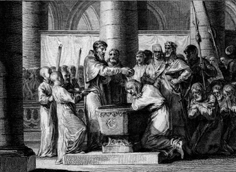 Krig mot saxarna, 785: dopet av Witikin av Sachsen (eller Widukind, Wittekind). Besegrad av Karl den stores armé gick saxarnas ledare med på att konvertera till katolicismen. Gravyr av Jean-Michel Moreau, kallad Moreau le Jeune (1741-1814)