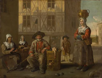 En fjäderfähandlare och en gammal kvinna som värmer sina händer, cirka 1652 (olja på duk)