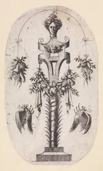 Design för en mandatperiod med chefen för kvinna, remmar och troféer, 1535-55.