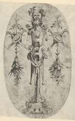 Manlig ändfigur, huvud med skägg och turban på en trekvarts remspindel..., ca. 1543-45.
