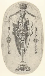 Manlig ändfigur, torso med skägg och turban på en halvlång piedestal innesluten ..., ca. 1543.