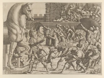Trojanerna tar med trähästen in i sin stad, 1535-55.