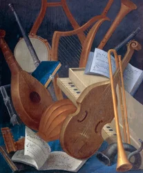 Musikinstrument, detalj från Allegory of Music, panelmålning av Jean Mosnier (1600-1656). Beauregard slott, Loir-et-Cher, Frankrike.