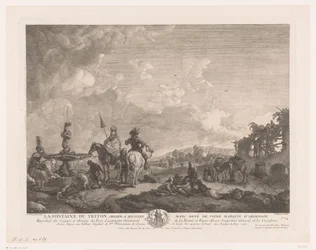 Landskap med figurer vid en fontän La Fontaine du Triton (titel på objekt) Tryck efter målningar av Philips Wouwerman (serietitel) Oeuvres de Ph.pe Wouwermans Hollandois (serietitel)