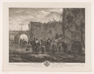 Munkar delar ut mat till pilgrimer på en innergård La Charité des Capucins (titel på objekt) Tryck efter målningar av Philips Wouwerman (serietitel) Oeuvres de Ph.pe Wouwermans Hollandois (serietitel)