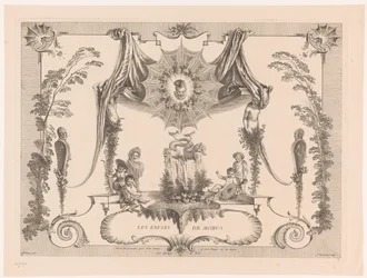 Design för panel med barn vid en fontän Les Enfans de Momus (titel på objekt) Oeuvre av Antoine Watteau (serietitel) L