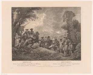 Procession med soldater på väg till en stad Défillé - Decursus (titel på objekt) Verk av Antoine Watteau (serietitel) Verk av Antoine Watteau, peintre du roy en son Academie roïale de peinture et sculpture (...) (serietitel)