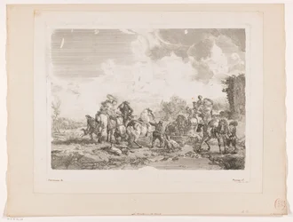 Vilande jaktsällskap vid en fontän La Fontaine de Venus Tryck efter målningar av Philips Wouwerman (serietitel) Oeuvres de Ph.pe Wouwermans Hollandois (serietitel)