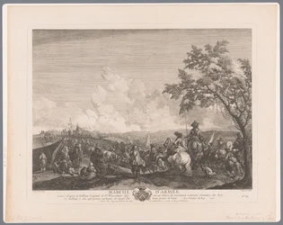 Soldater och befälhavare i ett militärläger; Arméns marsch (titel på föremålet); Tryck efter målningar av Philips Wouwerman (serietitel); Verk av nederländaren Philips Wouwerman (serietitel)