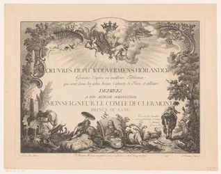 Titeltryck med figurer och djur i ett landskap, med porträttet av Philips Wouwerman Tryck efter målningar av Philips Wouwerman (serietitel) Oeuvres de Ph.pe Wouwermans Hollandois (serietitel på objekt)