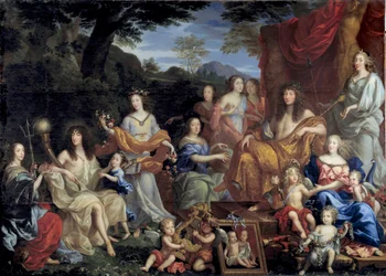 Kung Ludvig XIV och hans familj utklädda till mytologiska gestalter. Kungen sitter till höger på en tron och är klädd som Apollon. Längst ned till höger är drottning Maria Teresia av Österrike klädd som Juno. I målningens mitt finns änkedrottning Anna av
