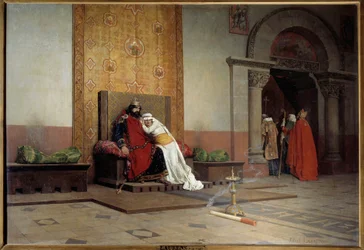 Exkommunikationen av Robert II den fromme år 998. Frankrikes kung, son till Hugo Capet, förälskar sig i sin kusin Bertha av Burgund och gifter sig med henne trots påve Gregorius V:s ogillande, varpå påven också exkommunicerar honom. Jean Paul Laurens
