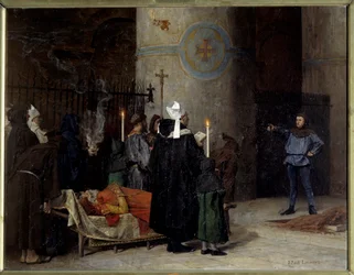 Begravning av Vilhelm Erövraren (1027-1087), kung av England från 1066 till 1087 (1087), i Abbey aux Hommes (Abbey-au-Hommes) i Caen. En man vid namn Asselin avbryter ceremonin. Målning av Jean Paul Laurens (1838-1921)