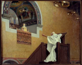 Saint John Chrysostom (349-407) och Imperatrix Eudoxia (? 404). Patriarken skyller på den västerländska imponen Eudoxia (Eudoxia Aelia) och skyller på henne för hennes lyx och kärlek till prakt. Målning av Jean Paul Laurens (1838-1921)