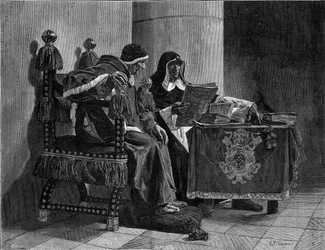 Påven och inkvisitorn säger också "Sixte IV (1471-1484) och Tomas de Torquemada (1420-1498)"" gravyr efter målningen av John Paul Laurens (1838-1921)