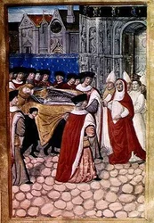 F.28r Ankomsten av hertiginnedrottningens kropp och mottagandet av kardinal Philip av Luxemburg, från redogörelsen för Anne av Bretagnes begravning (1477-1514) 1515