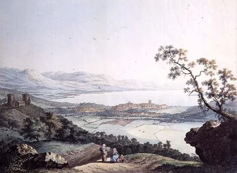 Utsikt över Genève från Saconex i Savojen, graverad av Jean Philippe Linck II (1770-1812) och Jacob Philippe Hackert (1737-1807) (gravyr)