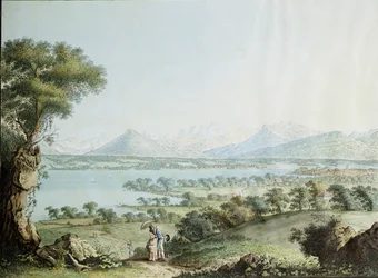 Vy över Mont Blanc med Genève i förgrunden, graverad av Jean Philippe Linck II (1770-1812) och Jacob Philippe Hackert (1737-1807).