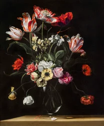 Tulpaner, påskliljor, nejlikor, vallmo, anemoner och andra blommor i en glasvas på en träavsats, en i ett par, 1600-talet