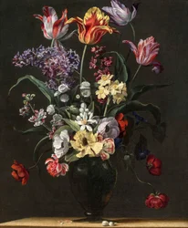 Tulpaner, liljor, påskliljor, syrener och andra blommor i en glasvas på en träavsats, en i ett par, 1600-talet