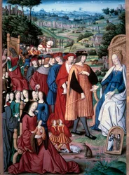 Allegori: förnuft och människa. Kungen av Frankrike Ludvig XII (1462-1515) avancerar mot orsaken som designar hans hustru drottning Anne av Bretagne (1477-1514). Miniatyr av Jean Pichore i "" Remedes mot en och annan förmögenhet. De remediis utriusque fort